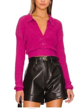 Monrow Two-Tone Ribbed Polo Top in Hot Pink